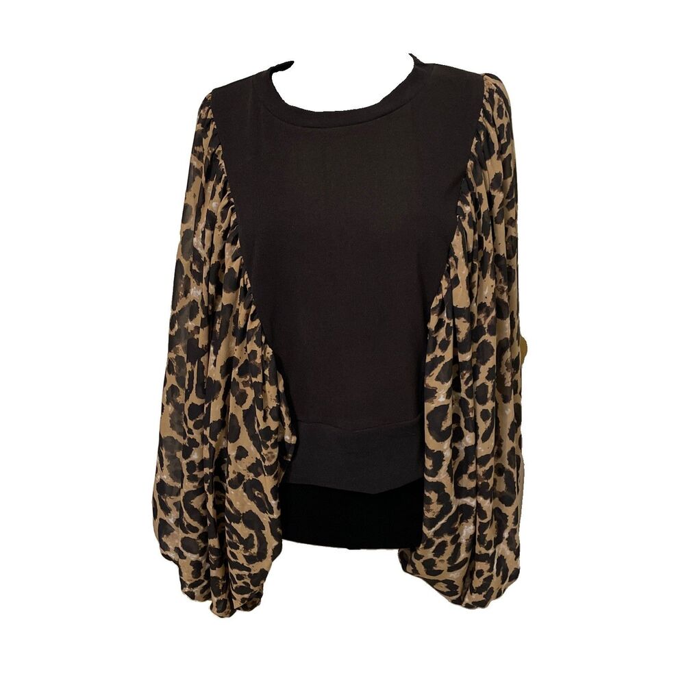 LOVE BY DESIGN Womens 3X Leopard Chiffon Balloon Sleeve Top Black Stretch Knit